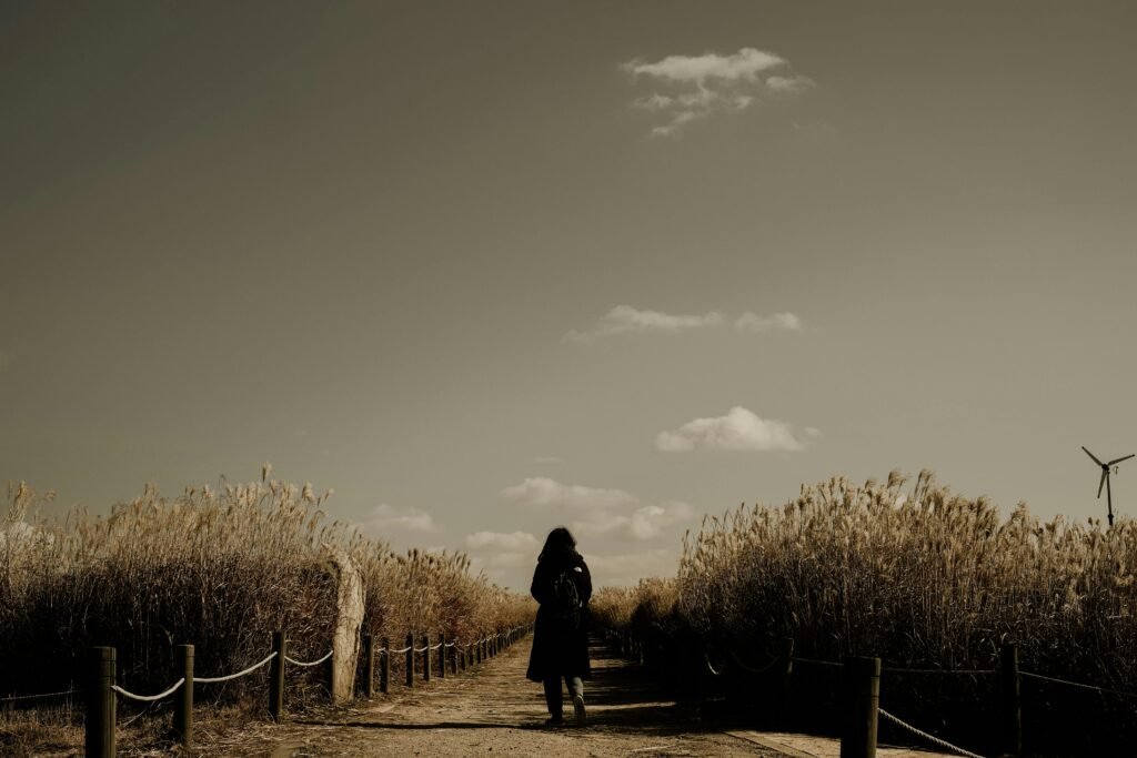 A person walking calmly through a challenging path