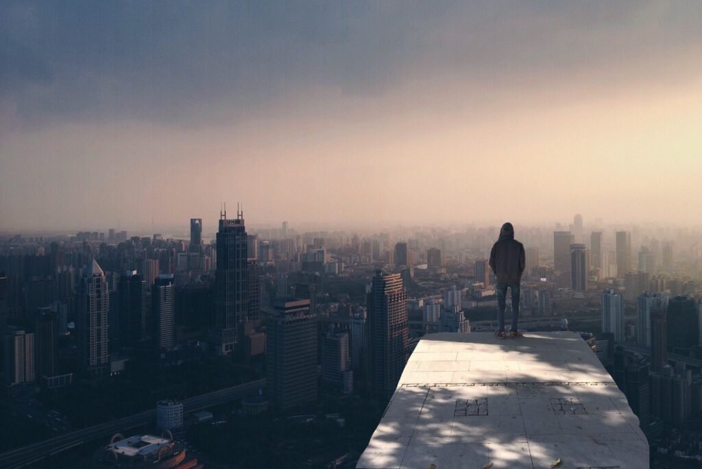 A person standing on a hill or rooftop looking toward a wide horizon