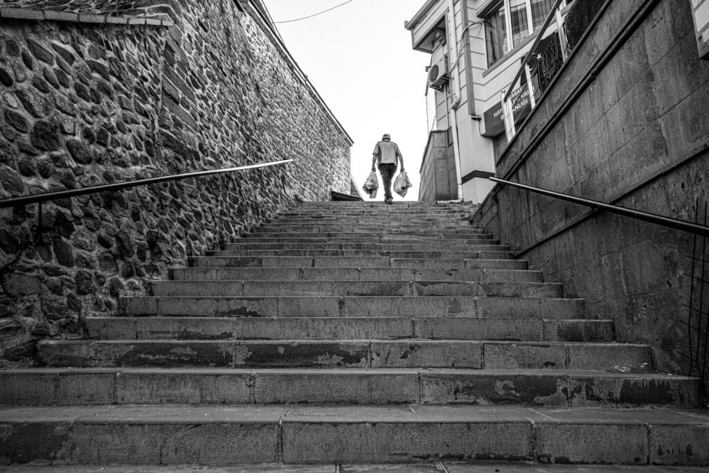 A person climbing steps