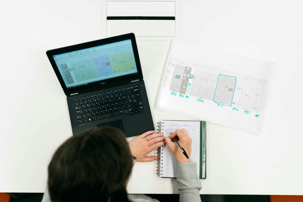 A professional reviewing a career roadmap on a desk with a laptop, notebook, calendar, and goal checklist