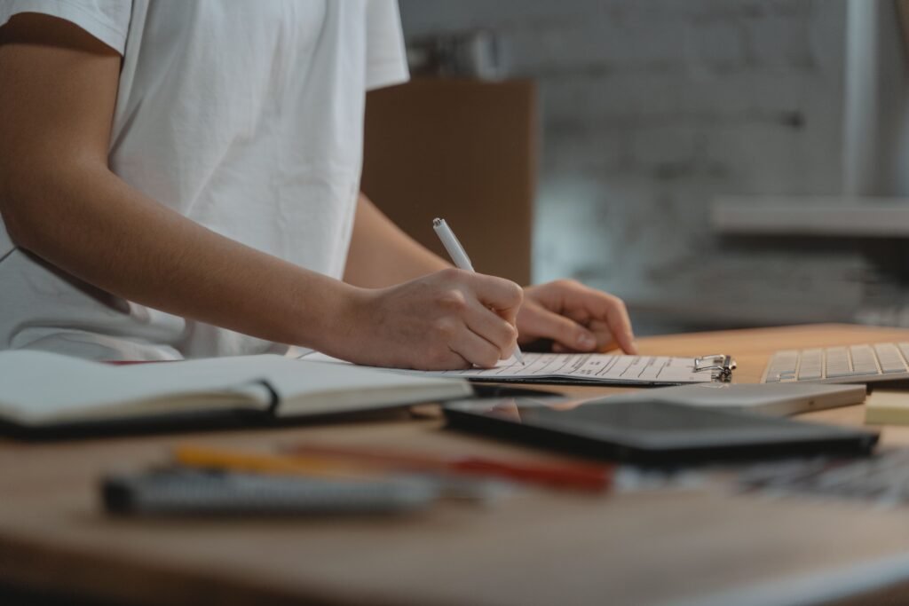A focused person studying